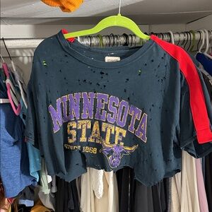 LF Black Crop Top Minnesota State Graphic with Red Shoulder Accent